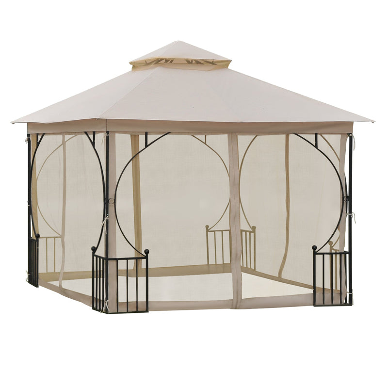 Outsunny 3 x 3(m) Garden Gazebo Patio Party Tent Shelter Outdoor Canopy Double Tier Sun Shade Metal Frame Netting Beigee