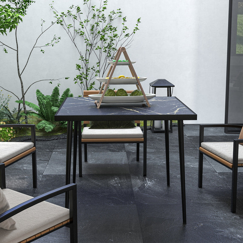 Outsunny Outdoor Dining Table for 4 with Marble Effect Tempered Glass Top Black