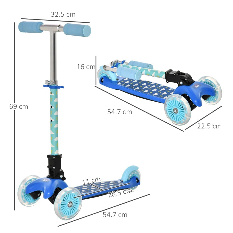 HOMCOM Childrens Foldable 3 Wheel Scooter with Flashing Lights - Blue