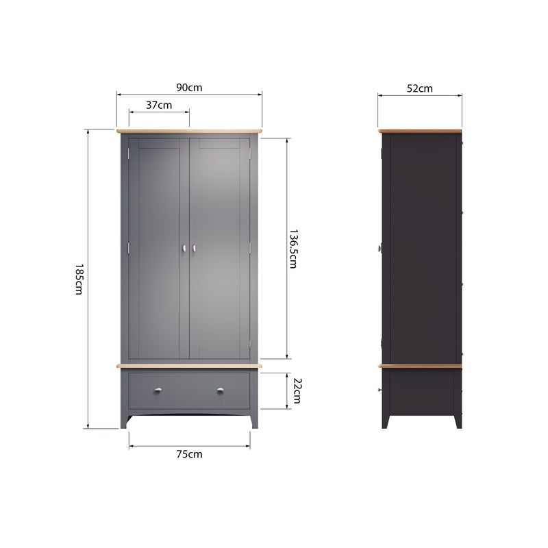 Malmesbury Grey Wardrobe Double with Drawer 90 x 52 x 185 cm