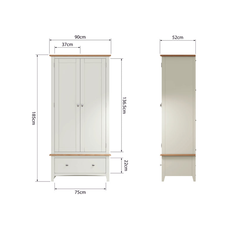Salisbury Pure White Wardrobe 2 Door with Drawer 90 x 52 x 185 cm