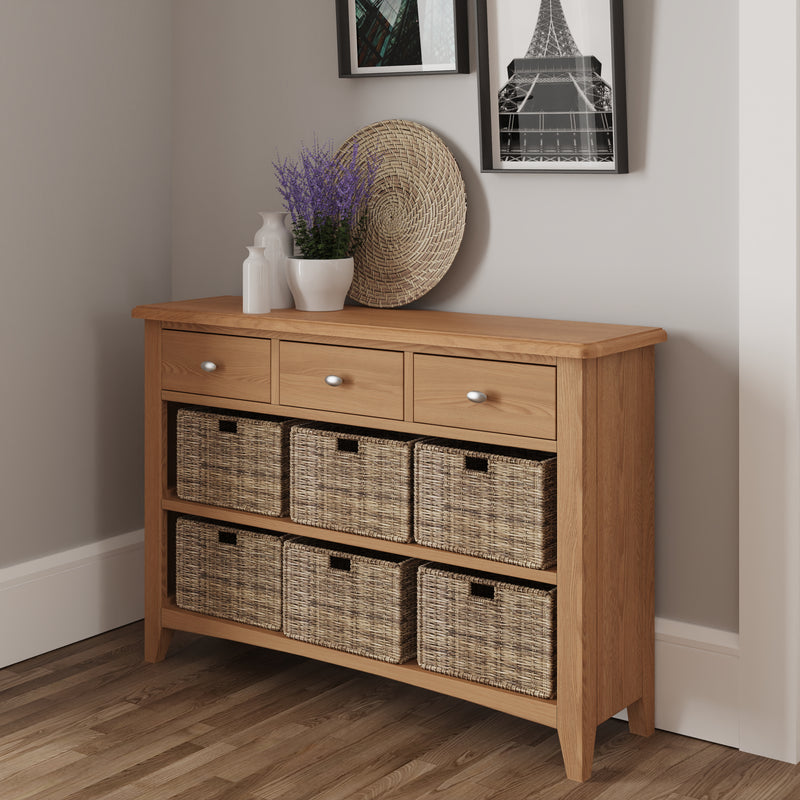 Shrewsbury Light Oak Storage Cabinet Unit 3 Drawer 6 Basket 110 x 30 x 75 cm