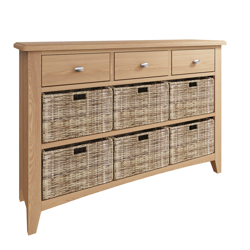 Shrewsbury Light Oak Storage Cabinet Unit 3 Drawer 6 Basket 110 x 30 x 75 cm