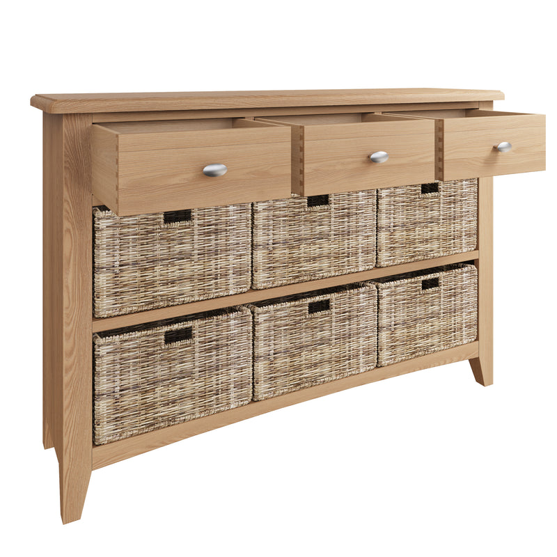 Shrewsbury Light Oak Storage Cabinet Unit 3 Drawer 6 Basket 110 x 30 x 75 cm