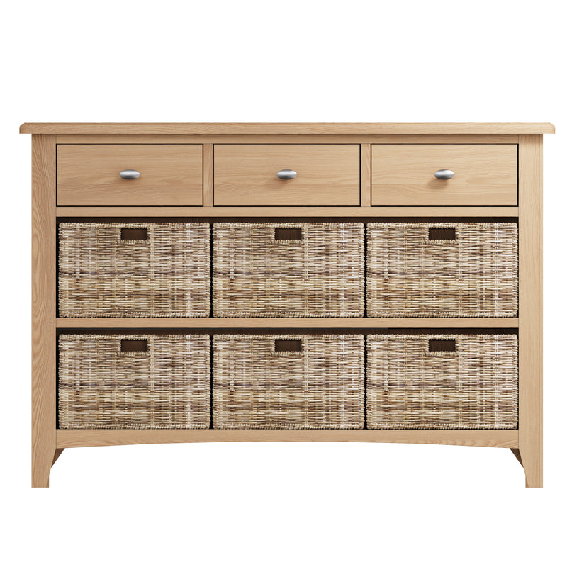 Shrewsbury Light Oak Storage Cabinet Unit 3 Drawer 6 Basket 110 x 30 x 75 cm