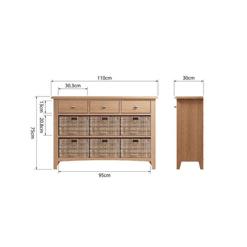 Shrewsbury Light Oak Storage Cabinet Unit 3 Drawer 6 Basket 110 x 30 x 75 cm