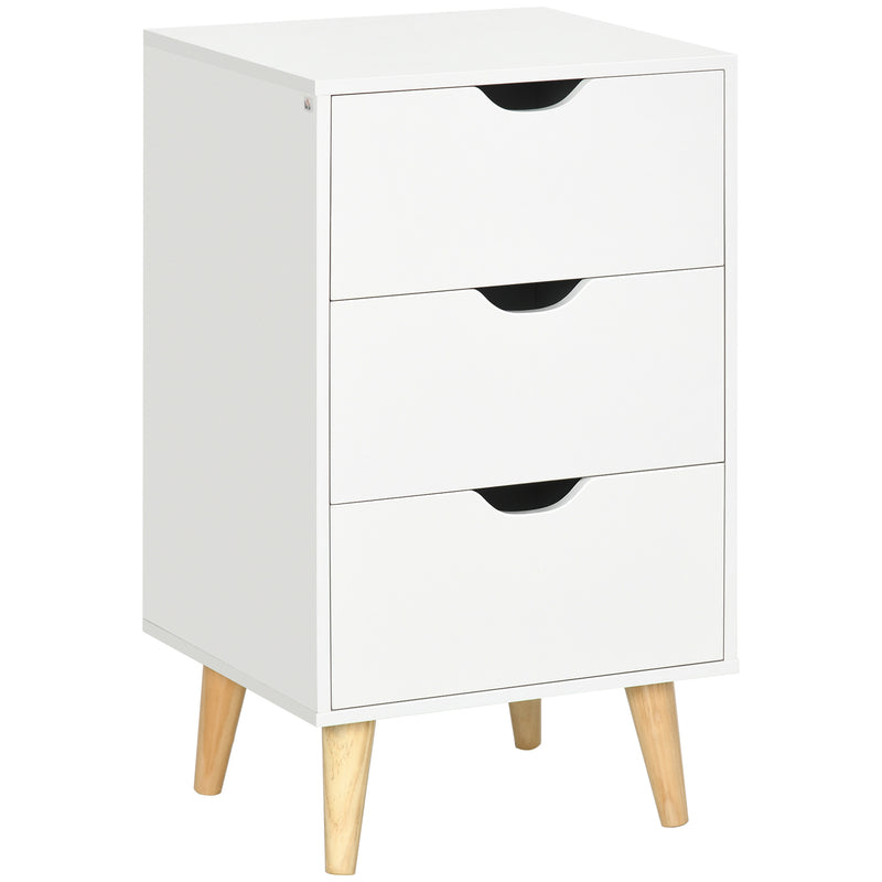 HOMCOM Bedside Table, Bedside Cabinet with 3 Drawers, Small Side Table with Wood Legs and Cut-out Handles for Bedroom, White