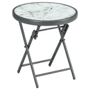Outsunny Round Folding Side Table W/ Imitation Marble Glass Top, White
