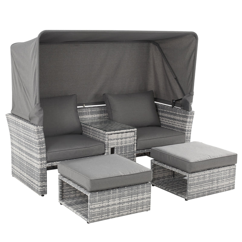 Outsunny 3 PC Outdoor Rattan Daybed Sofa Stool Table Set w/ Canopy, Cushion