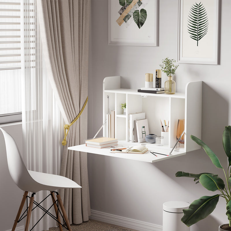 HOMCOM Wall Mounted Table w/ Space Saving Storage Compartments for Home Office