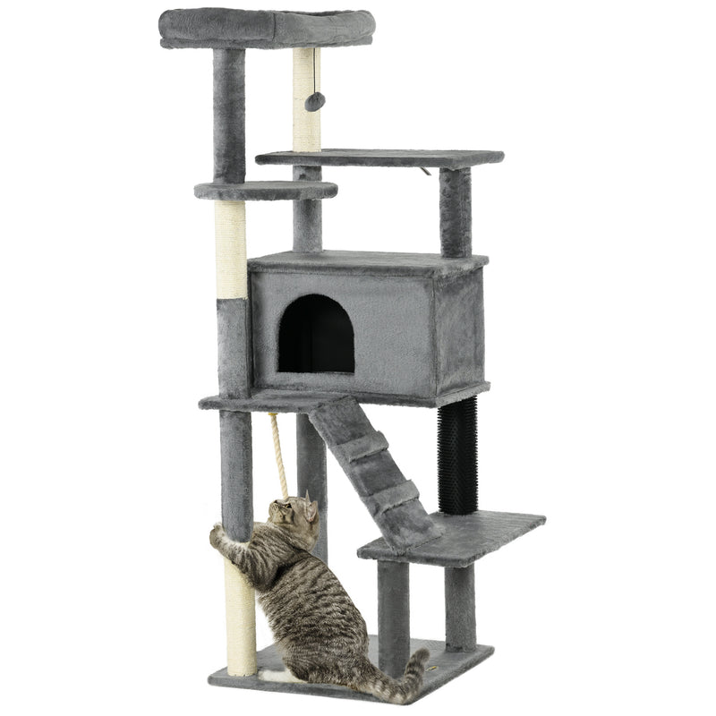 PawHut Cat Tree Tower for Indoor Cats with Scratching Post, House, Toy, Grey