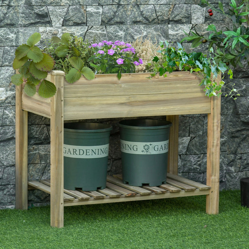 Outsunny Raised Garden Bed with Legs and Storage Shelf Elevated Wooden Planter Box