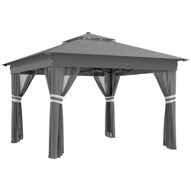 Outsunny 3x3(m) Pop Up Gazebo w/ Solar-Powered LED Lights Curtain Netting Grey