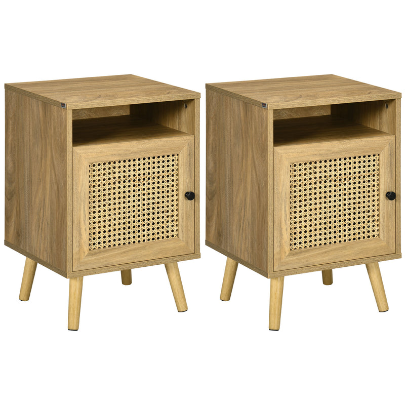 HOMCOM Nightstand, Rattan Bedside Table, Sofa Side Table w/ Cabinet, Shelf