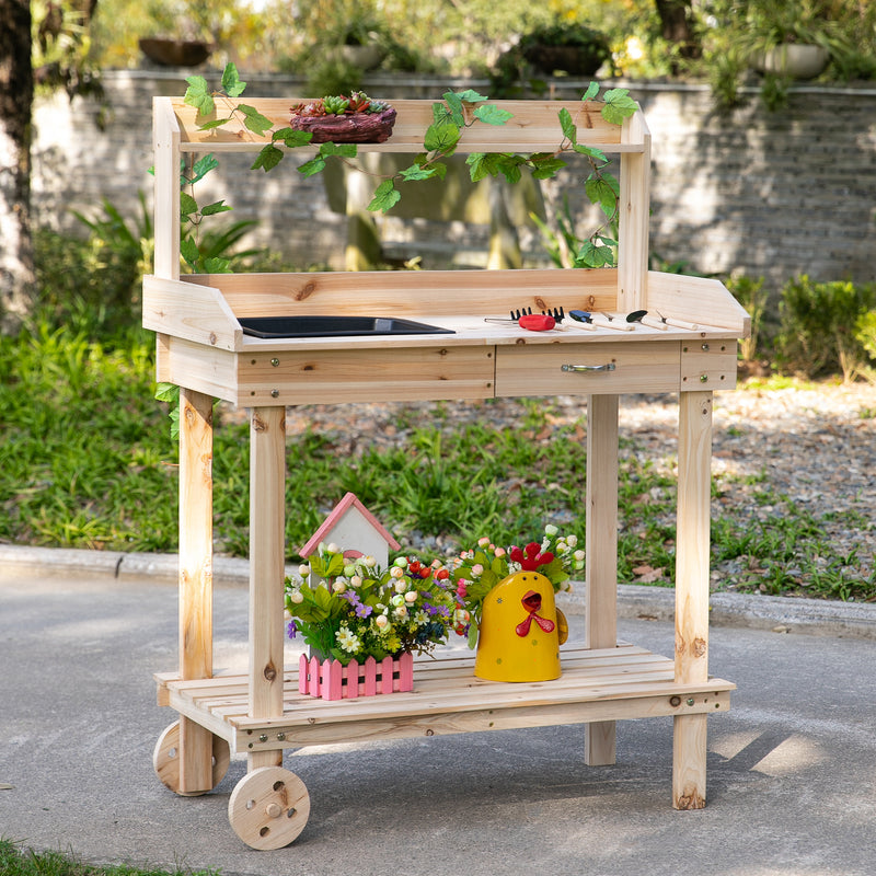 Outsunny Wooden Potting Bench Work Table with 2 Removable Wheels, Sink, Drawer & Large Storage Spaces, 92x45x119cm