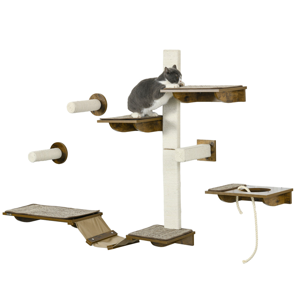 PawHut 8Pcs Wall Mounted Cat Shelves w Posts Perches Ladder Brown