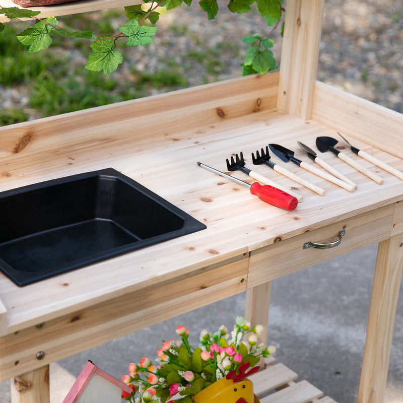 Outsunny Wooden Potting Bench Work Table with 2 Removable Wheels, Sink, Drawer & Large Storage Spaces, 92x45x119cm