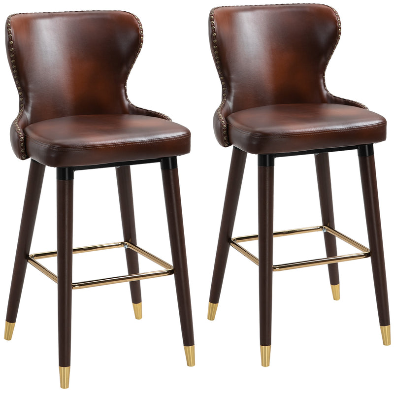 HOMCOM Luxury Bar Stools Set of 2 with Back PU Leather Upholstery Br