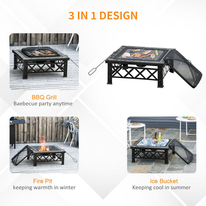 Outsunny Square Garden Fire Pit Square Table w/ Grill Shelf Poker Mesh Cover Grate 76cm