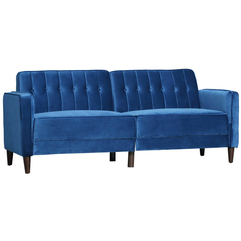 HOMCOM Modern Convertible Sofa Futon Velvet-Touch Tufted Couch Compact Loveseat Sleeper Sofa Bed with Adjustable Split Back, Blue