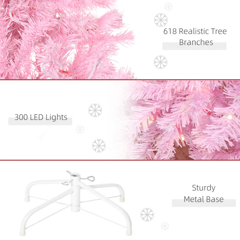 HOMCOM Christmas Tree Slim Pink 6' with 300 Warm White LED Lights