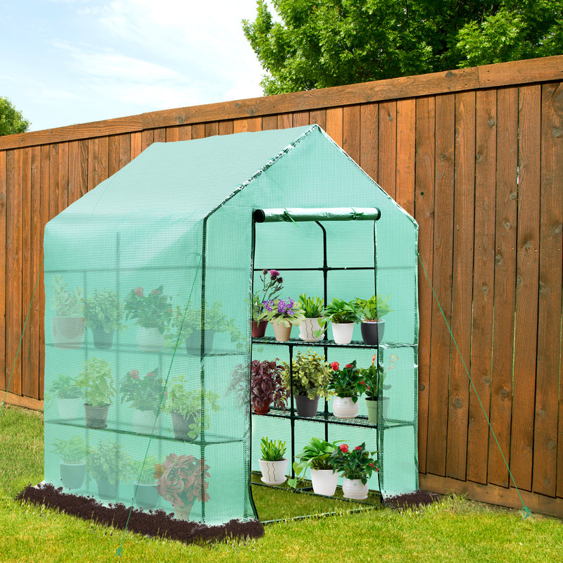Outsunny 143x143x195 cm Walk in Greenhouse with Shelves-Dark Green