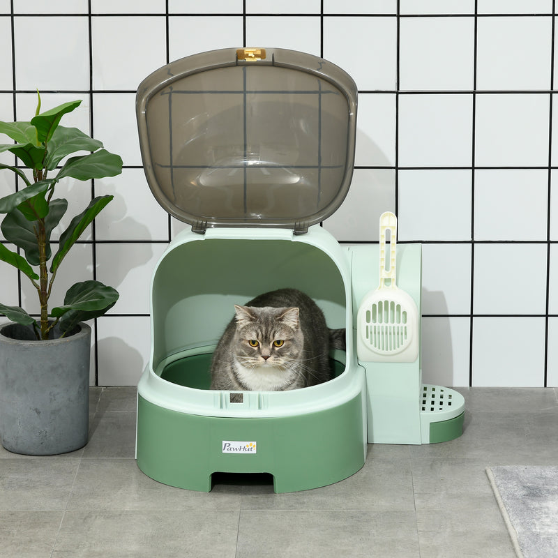 PawHut 2 In 1 Cat Litter Tray w/ Drawer Pans, Scoop, Openable Cover - Green