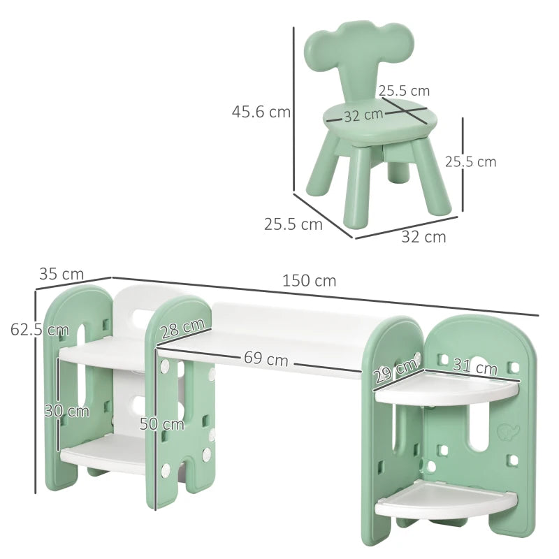 HOMCOM Childrens Table and Chair Set Adjustable – Green & White