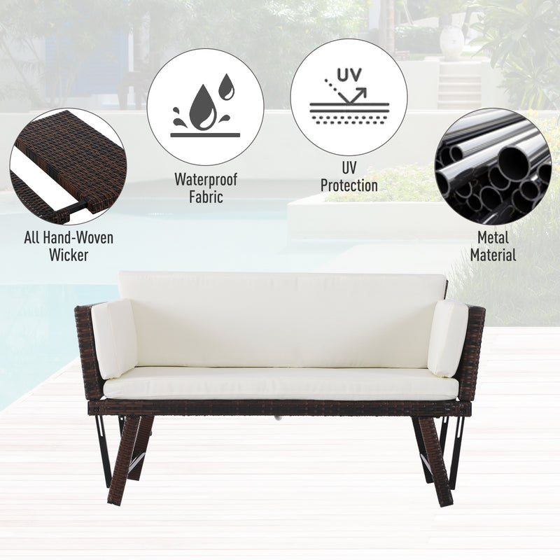 Outsunny 2 in 1 Rattan Folding  daybed sofa bench Bench  with Cushion Outdoor - Brown