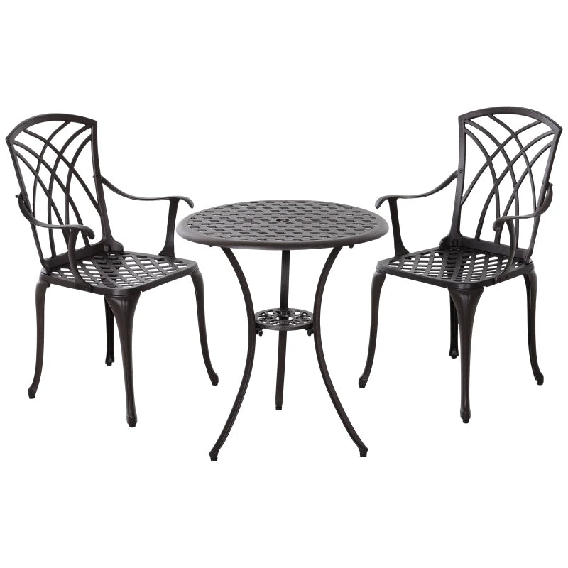 Outsunny Patio Cast Aluminium 3 PCS Brown Bistro Set Coffee Table & 2 Chairs Set Outdoor Garden Furniture Set