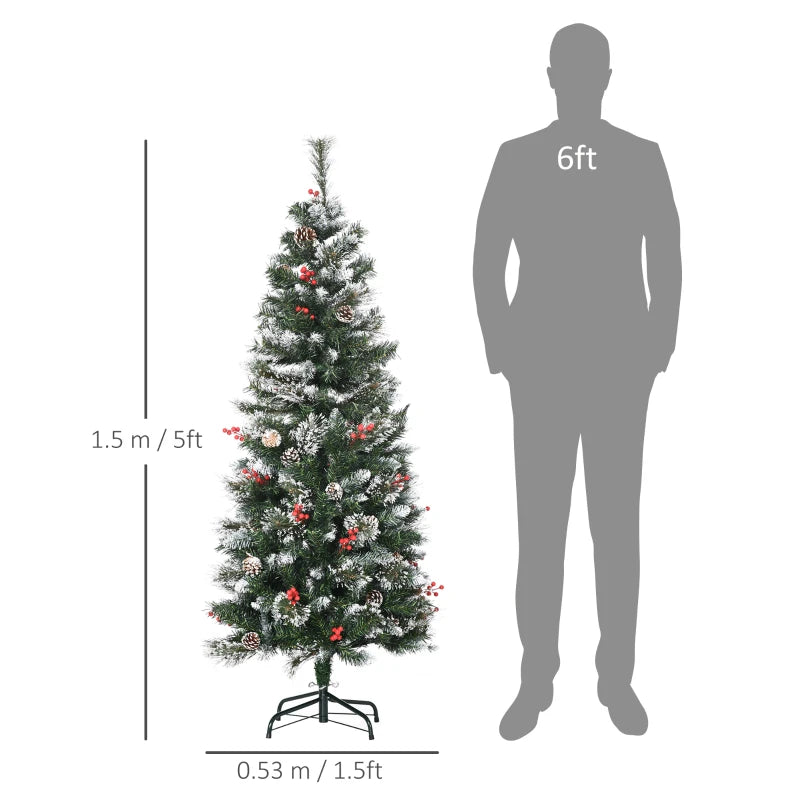 HOMCOM Christmas Tree Snow Dipped Slim 5' with Pine Cones & Berries