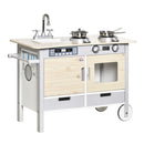 HOMCOM Kids Kitchen Play Set Cooking Toy w/ Wheels Sink for 3-5 Years Old Nature Wood