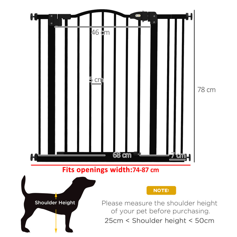 PawHut 74-87cm Adjustable Metal Pet Gate Safety Barrier w/ Auto-Close Black