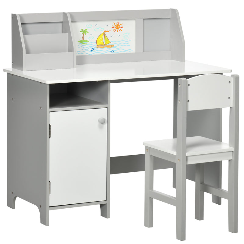 HOMCOM 2 PCs Childrens Table and Chair Set w/ Whiteboard Storage - Grey