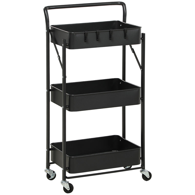 HOMCOM Rolling Utility Cart with 3 Mesh Basket 4 Hooks for Kitchen Black