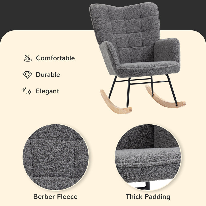 HOMCOM Wingback Rocking Chair For Nursing W/ Steel Frame And Wooden Base Grey