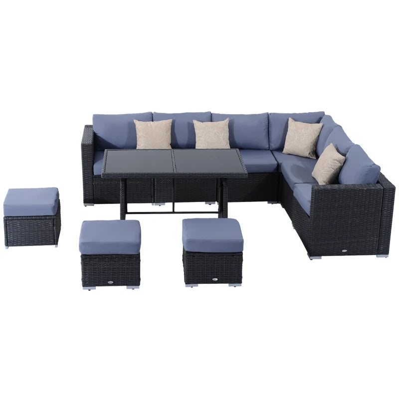 Outsunny 9-Seater Garden Rattan Furniture 10 Pcs Rattan Corner Dining Sofa Set, Grey/Dusty Blue Cushion