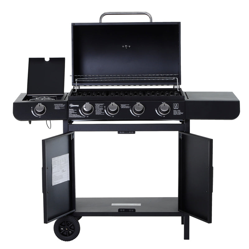 Outsunny 4+1 Gas Burner Grill BBQ Trolley Backyard Garden Smoker Side Burner Barbecue w/ Storage Side Table Wheels