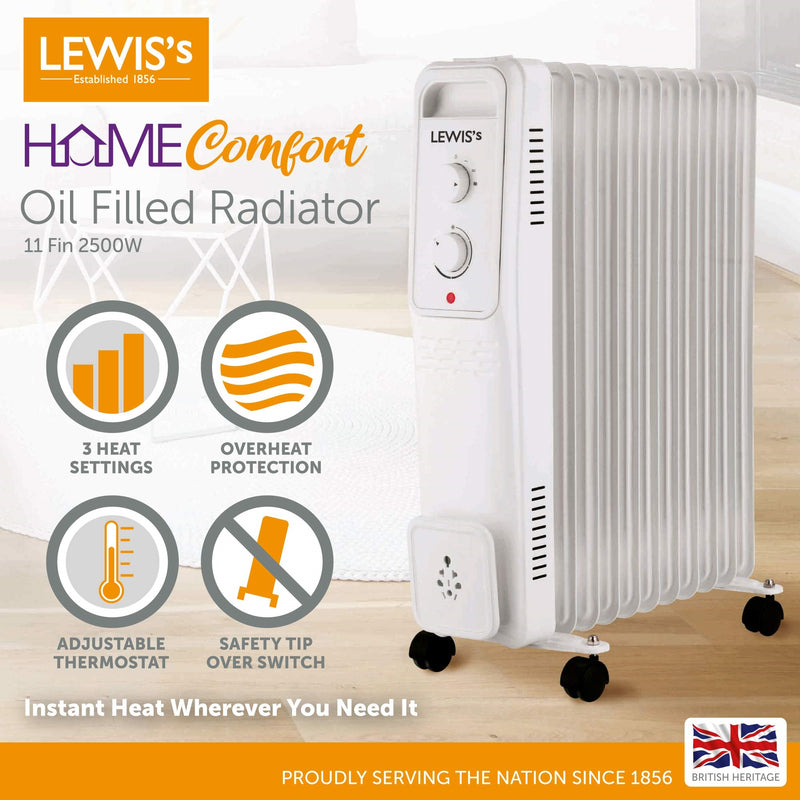 Lewis's Oil Filled Radiator 11 Fin - 2500w White