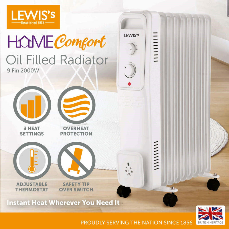 Lewis's Oil Filled Radiator 9 Fin - 2000w White