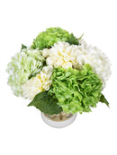 Mint Collection - Mixed White, Green Hydrangeas and Daliah in Glass Vase - 33x33x35cm