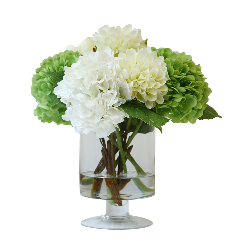 Mint Collection - Mixed White, Green Hydrangeas and Daliah in Glass Vase - 33x33x35cm