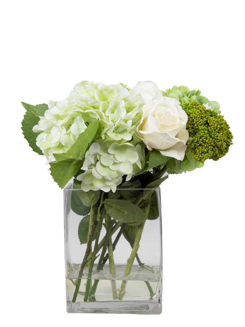 Mint Collection - Hydrangeas with Roses and Sedum in Glass Vase - 32x25x35cm