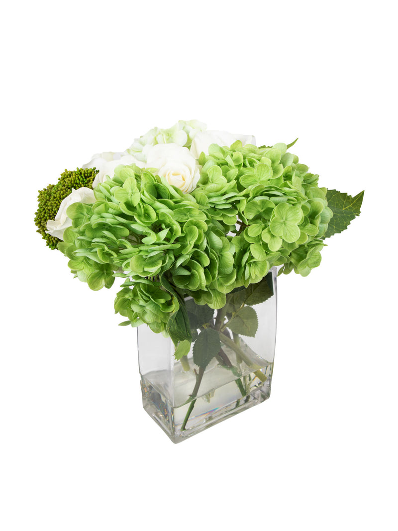 Mint Collection - Hydrangeas with Roses and Sedum in Glass Vase - 32x25x35cm
