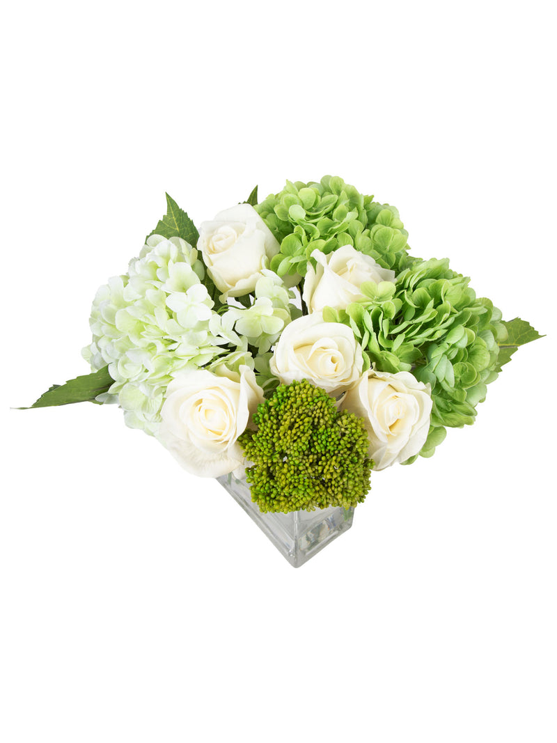 Mint Collection - Hydrangeas with Roses and Sedum in Glass Vase - 32x25x35cm