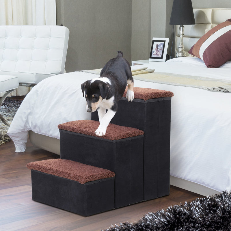 PawHut 3 Step Pet Stairs Portable Mobility Assistance w/ Washable Cover Black