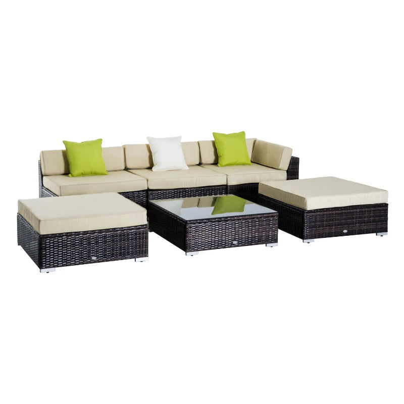 Outsunny 6 PC Rattan Sofa Coffee Table Set Sectional Wicker Weave Furniture for Garden Outdoor Conservatory w/ Pillow Cushion-  Brown
