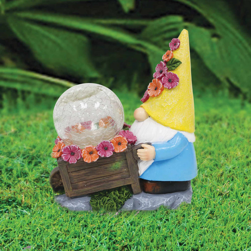 Silver & Stone Outdoor Solar Jinxie Wheelbarrow Gnome with Crackle Ball Solar Effect- Yellow Hat with Pink Flowers