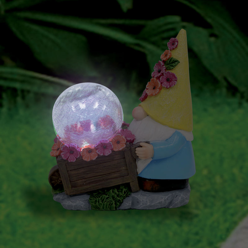 Silver & Stone Outdoor Solar Jinxie Wheelbarrow Gnome with Crackle Ball Solar Effect- Yellow Hat with Pink Flowers