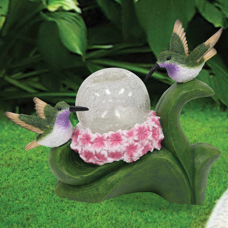 Silver & Stone Outdoor Solar Ornament Hummingbirds with Crackle Ball - Pink Flowers